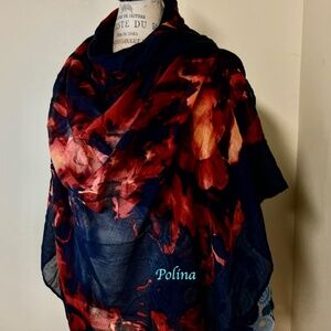 UNIQUE Sheer Large Wrap Dark Navy Color with Rusty Color Flowers Print-gorgeous!